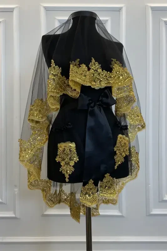 Black Gold Shimmering Laced Bridal Henna Veil Set Wedding Henna Night Face Cover Red-BlackGold - ZEYMERADE