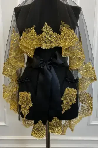 Black Gold Shimmering Laced Bridal Henna Veil Set Wedding Henna Night Face Cover Red-BlackGold - 3