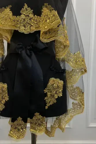 Black Gold Shimmering Laced Bridal Henna Veil Set Wedding Henna Night Face Cover Red-BlackGold - 4