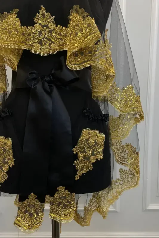 Black Gold Shimmering Laced Bridal Henna Veil Set Wedding Henna Night Face Cover Red-BlackGold - 4