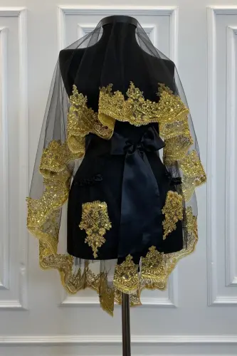 Black Gold Sparkling Guipure Bridal Henna Veil Set Wedding Henna Night Face Cover Veil - BlackGold - ZEYMERADE (1)