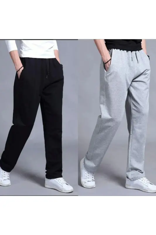 Black-Gray Men's Wide Leg Straight Leg Sweatpants-Black - FİTGO