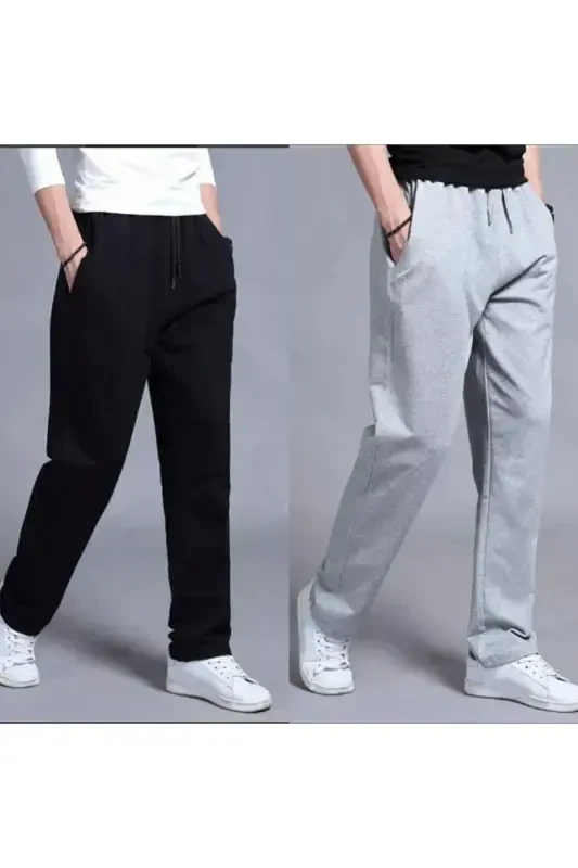 Black-Gray Men's Wide Leg Straight Leg Sweatpants-Black - 1