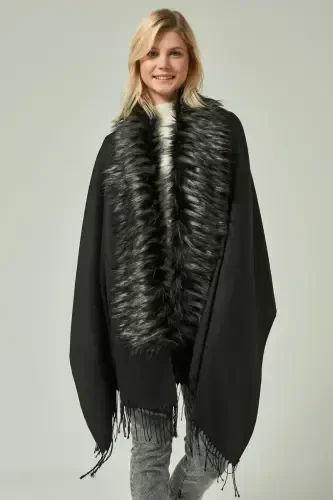 Black-Grey Furry Tasselled Black Poncho NW12110 - 1