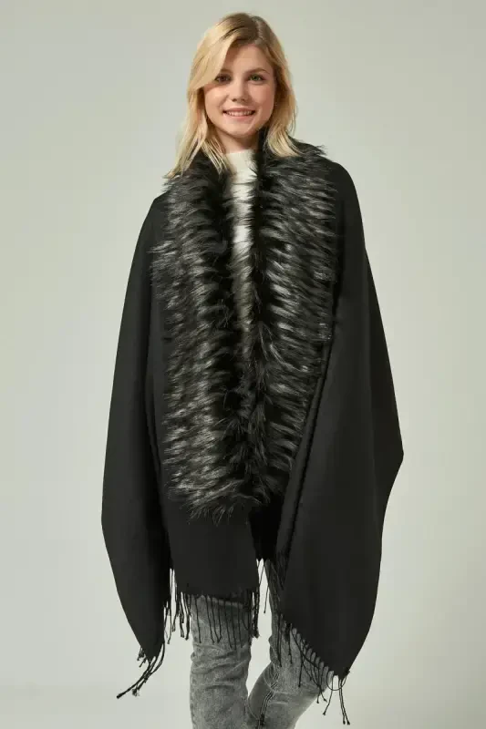 Black-Grey Furry Tasselled Black Poncho NW12110 - 1