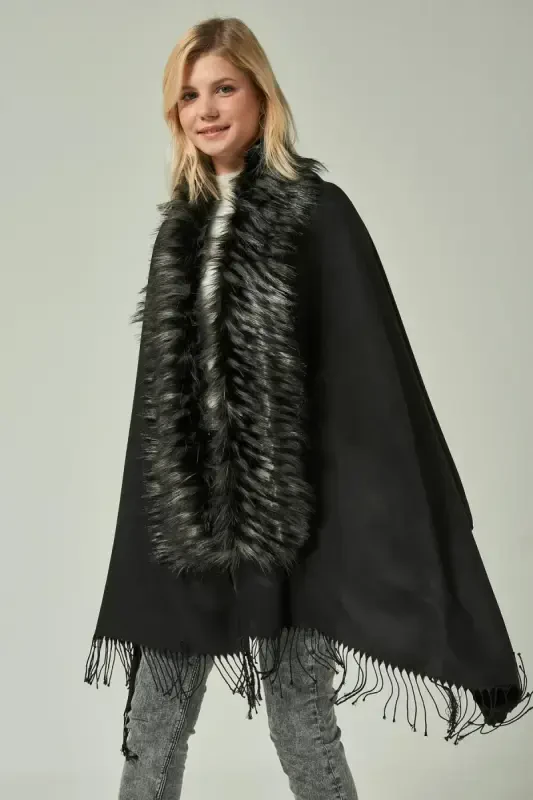 Black-Grey Furry Tasselled Black Poncho NW12110 - 2