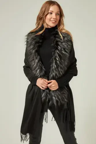 Black-Grey Furry Tasselled Black Poncho NW12110 - 3