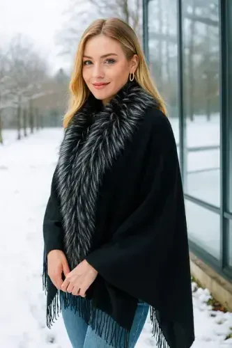 Black-Grey Furry Tasselled Black Poncho NW12110 - 4