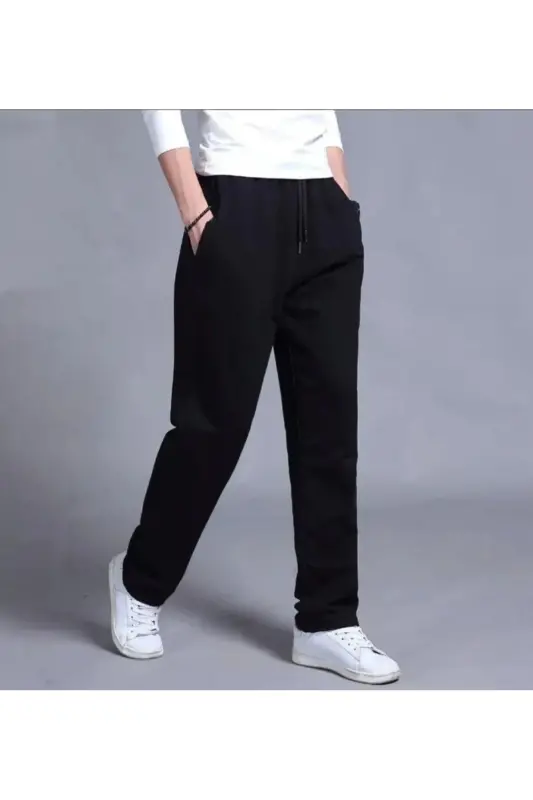 Black- Grey- Navy Blue Men's Wide Leg Straight Leg Sweatpants- Black - 4