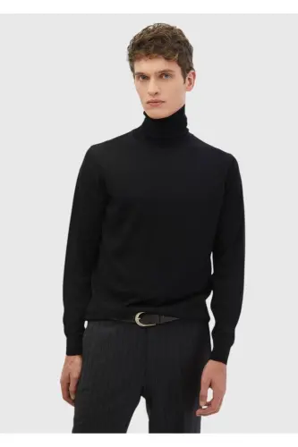 Black High Mock Turtleneck Plain Knit Wool Blend Tricot - Black - 1