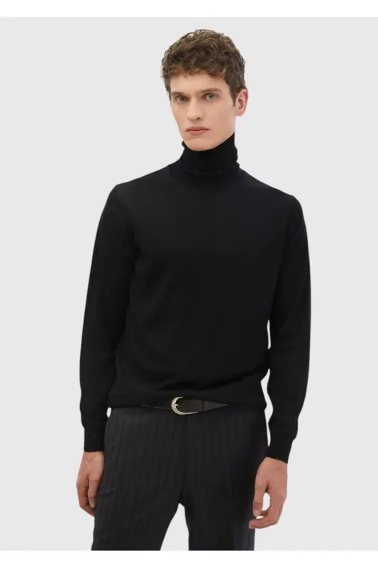Black High Mock Turtleneck Plain Knit Wool Blend Tricot - Black - 1