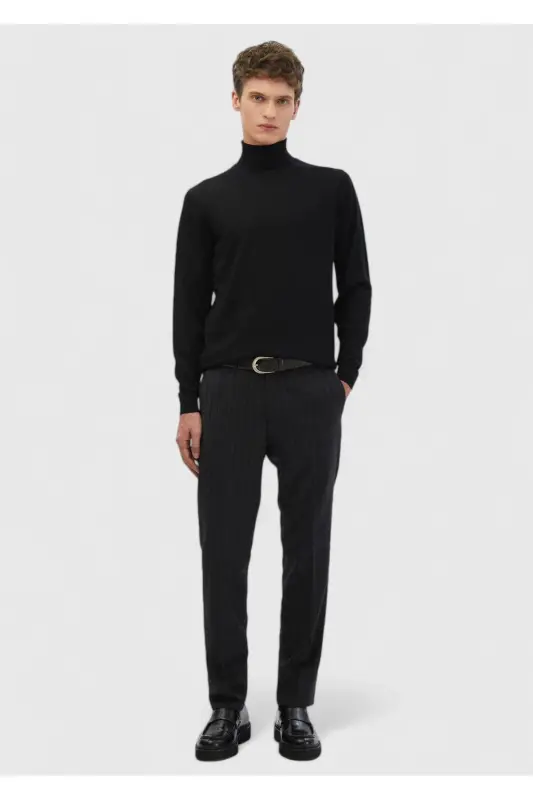 Black High Mock Turtleneck Plain Knit Wool Blend Tricot - Black - 2