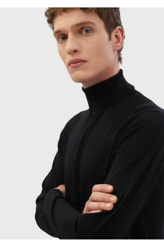 Black High Mock Turtleneck Plain Knit Wool Blend Tricot - Black - 5