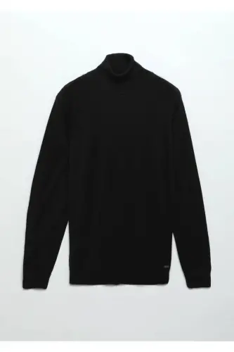 Black High Mock Turtleneck Plain Knit Wool Blend Tricot - Black - 7