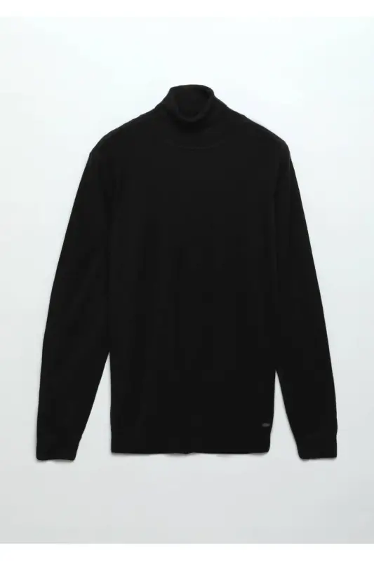 Black High Mock Turtleneck Plain Knit Wool Blend Tricot - Black - 7