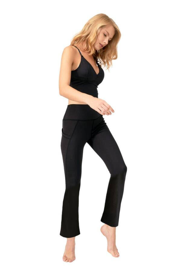 Black High Waist Double Pocket Wide Leg Women's Leggings - 2