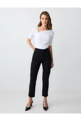Black High Waist Regular Leg Denim Pants-Black - 1