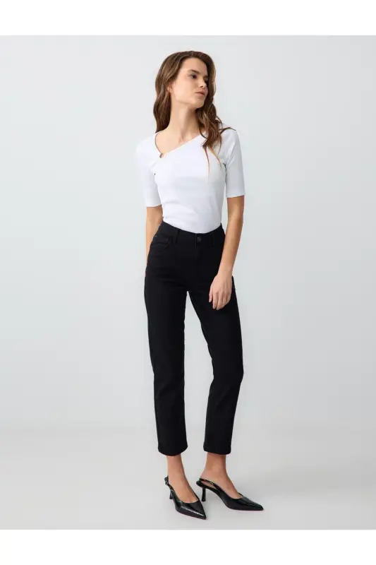 Black High Waist Regular Leg Denim Pants-Black - 2