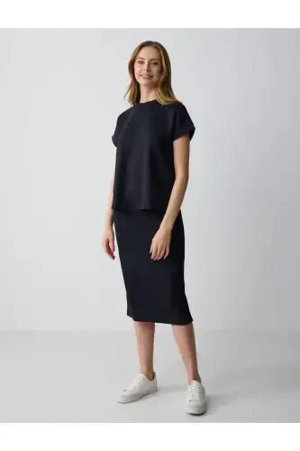 Black High Waisted Slim Fit Knit Midi Skirt - 2