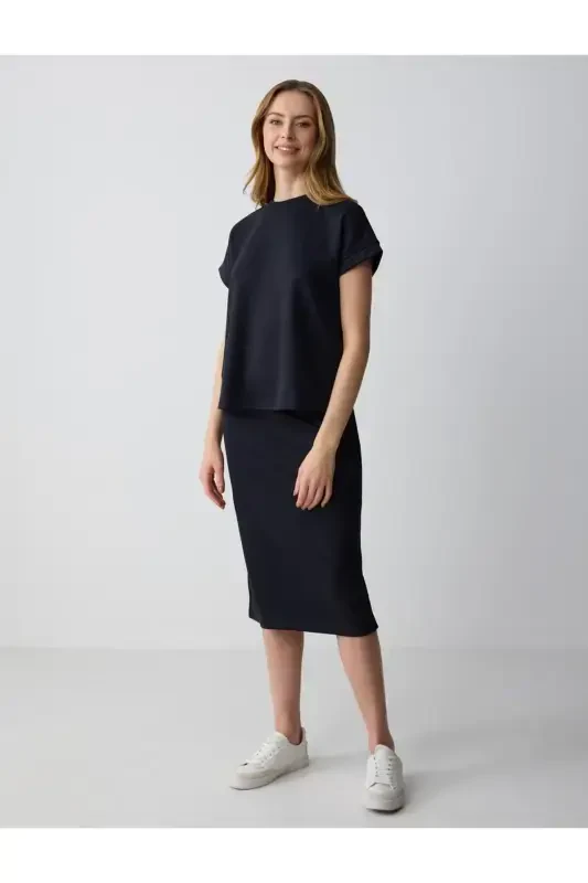 Black High Waisted Slim Fit Knit Midi Skirt - 2
