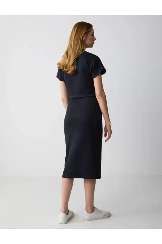 Black High Waisted Slim Fit Knit Midi Skirt - 6