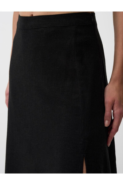 Black High-Waisted Slit Linen Midi Skirt - 23