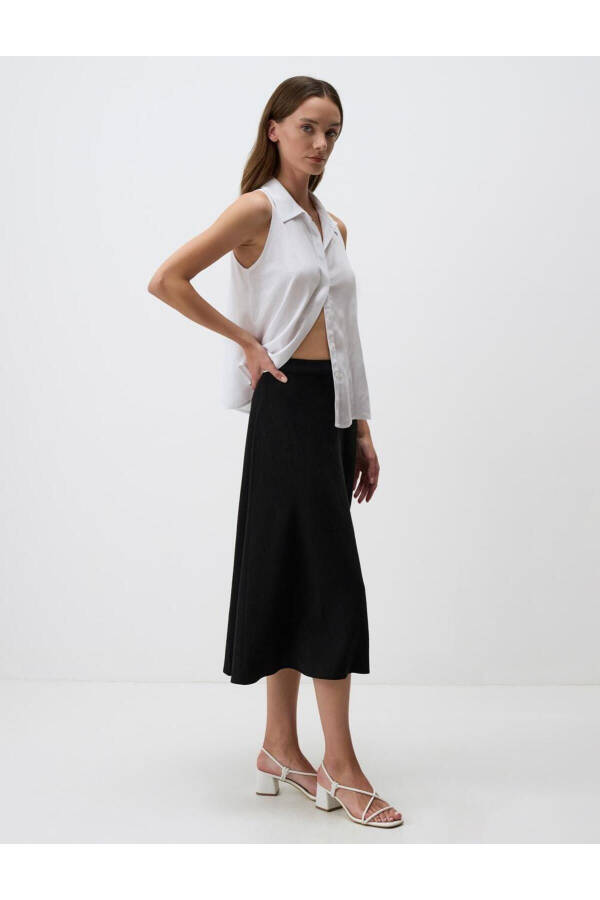 Black High-Waisted Slit Linen Midi Skirt - 3