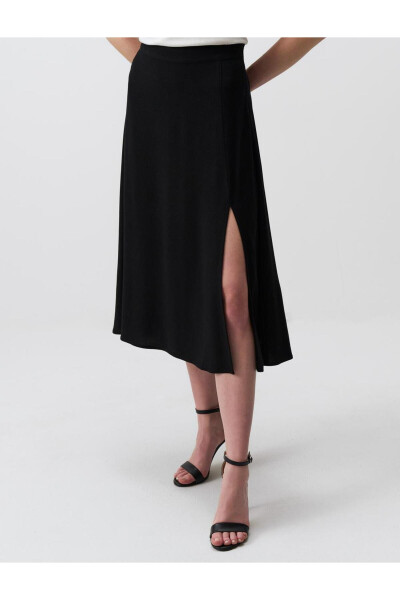 Black High-Waisted Slit Linen Midi Skirt - 28