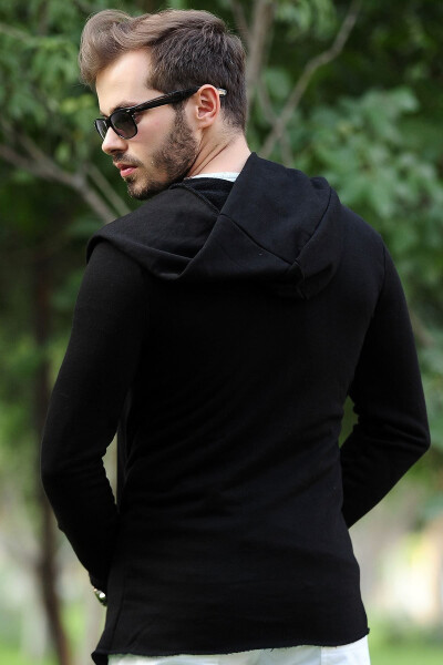 Black Hooded Long Men's Cardigan - 5