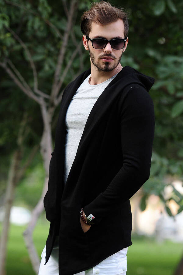 Black Hooded Long Men's Cardigan - 1