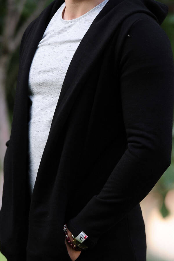 Black Hooded Long Men's Cardigan - 3