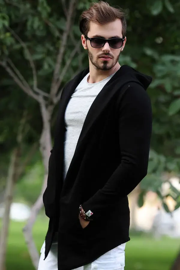 Black Hooded Long Men's Cardigan - 4