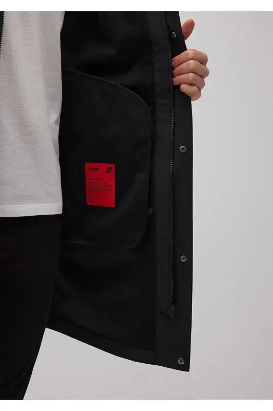 Black hooded, loose fit long coat. 0110430-900 - 3