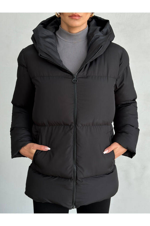 Black Hooded Puffer Jacket for Women - 5