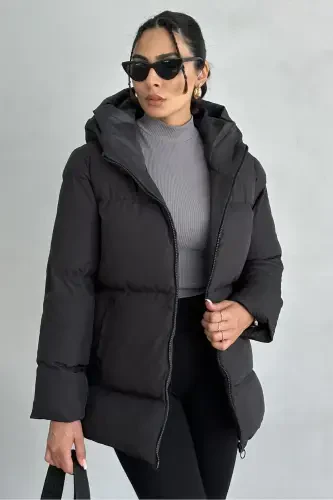 Black Hooded Puffer Jacket for Women - 1