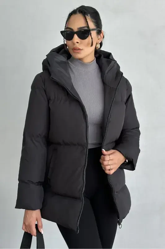 Black Hooded Puffer Jacket for Women - 1