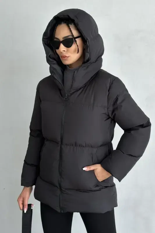 Black Hooded Puffer Jacket for Women - 3
