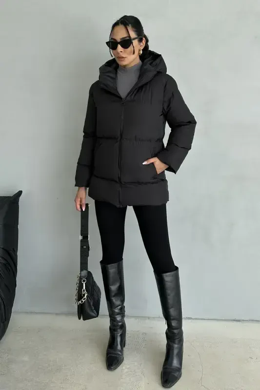 Black Hooded Puffer Jacket for Women - 4