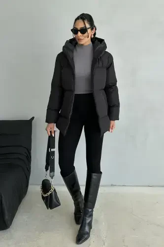 Black Hooded Puffer Jacket for Women - 5