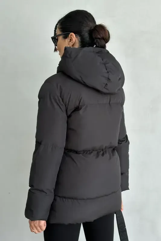 Black Hooded Puffer Jacket for Women - 6