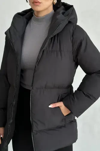Black Hooded Puffer Jacket for Women - 7