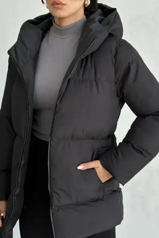 Black Hooded Puffer Jacket for Women - 7