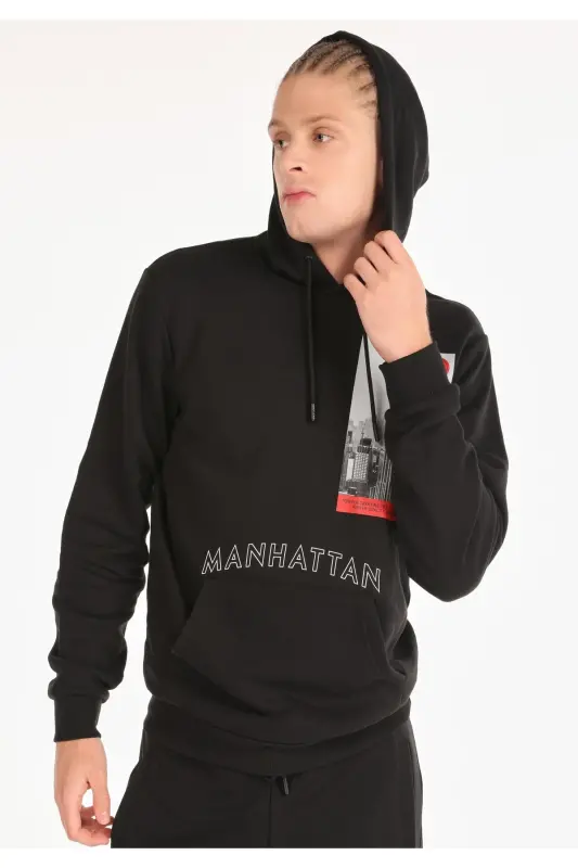 Black, hooded, regular fit printed men's sweatshirt - 4