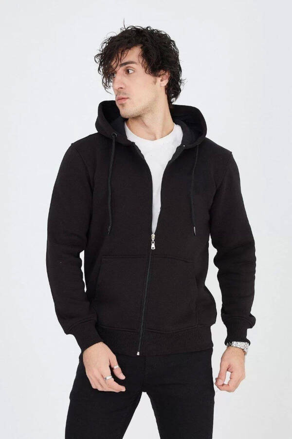 Black, hooded, zip-up cardigan. - 1