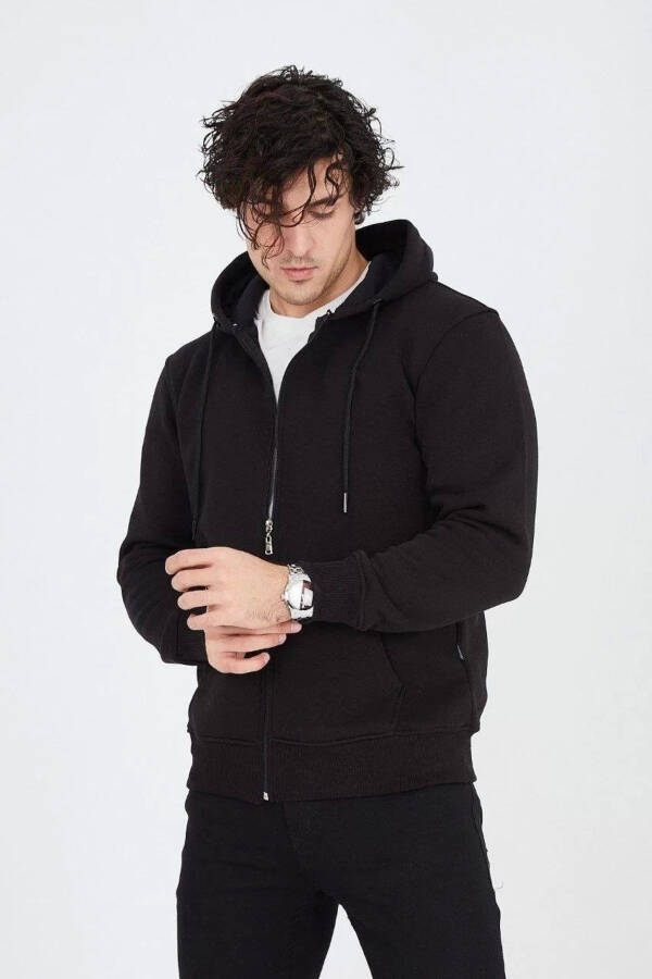 Black, hooded, zip-up cardigan. - 3