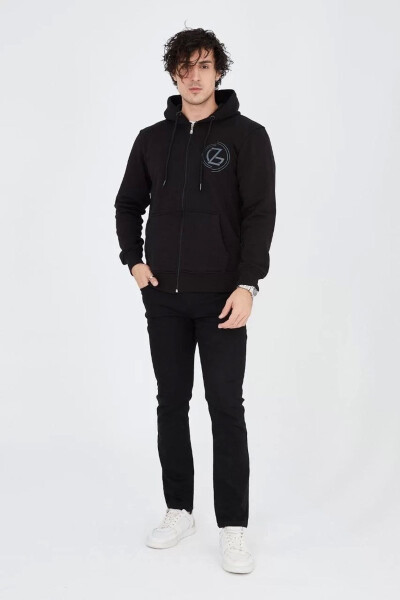 Black Hoodie with Print and Zipper - 1