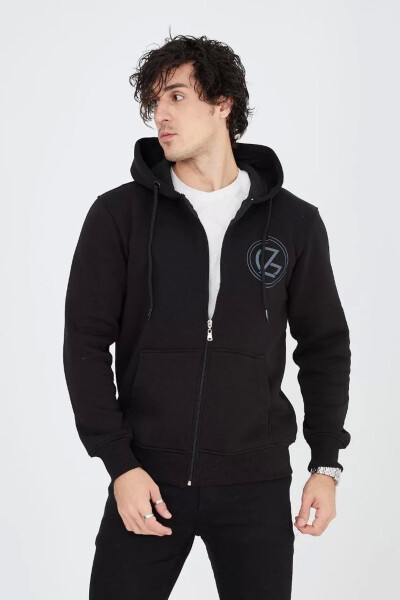 Black Hoodie with Print and Zipper - 2