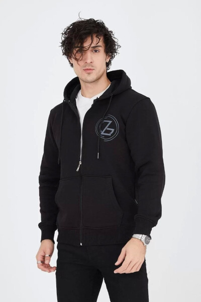 Black Hoodie with Print and Zipper - 3