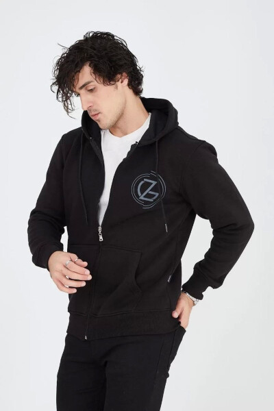 Black Hoodie with Print and Zipper - 4