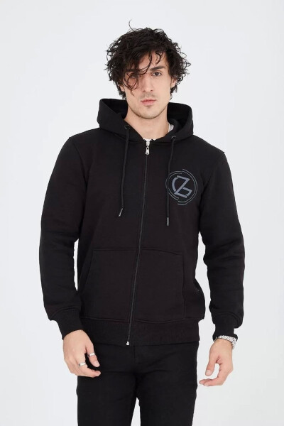 Black Hoodie with Print and Zipper - 5